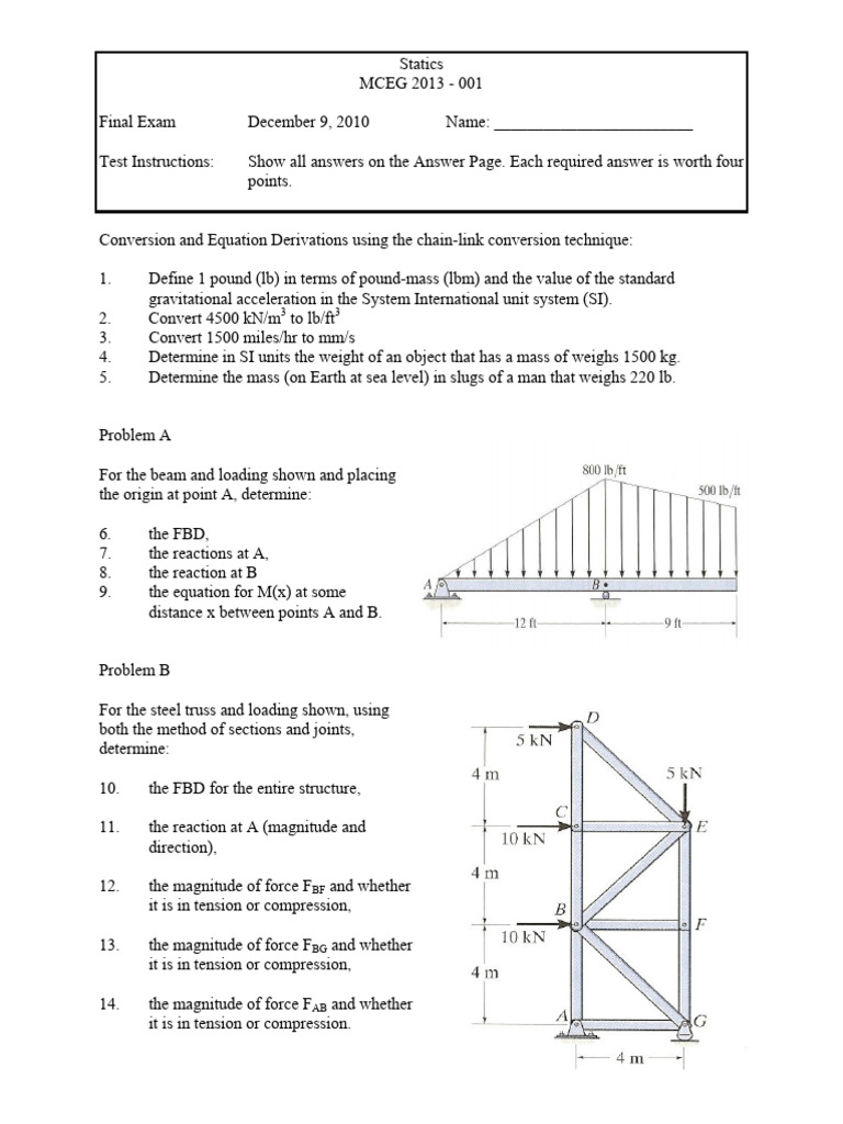 Statics Final Exam Fall 2010 | PDF