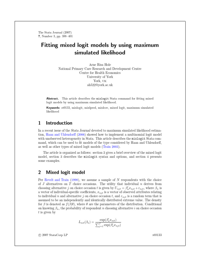 Hole 2007 Fitting Mixed Logit Models by Using Maximum Simulated ...
