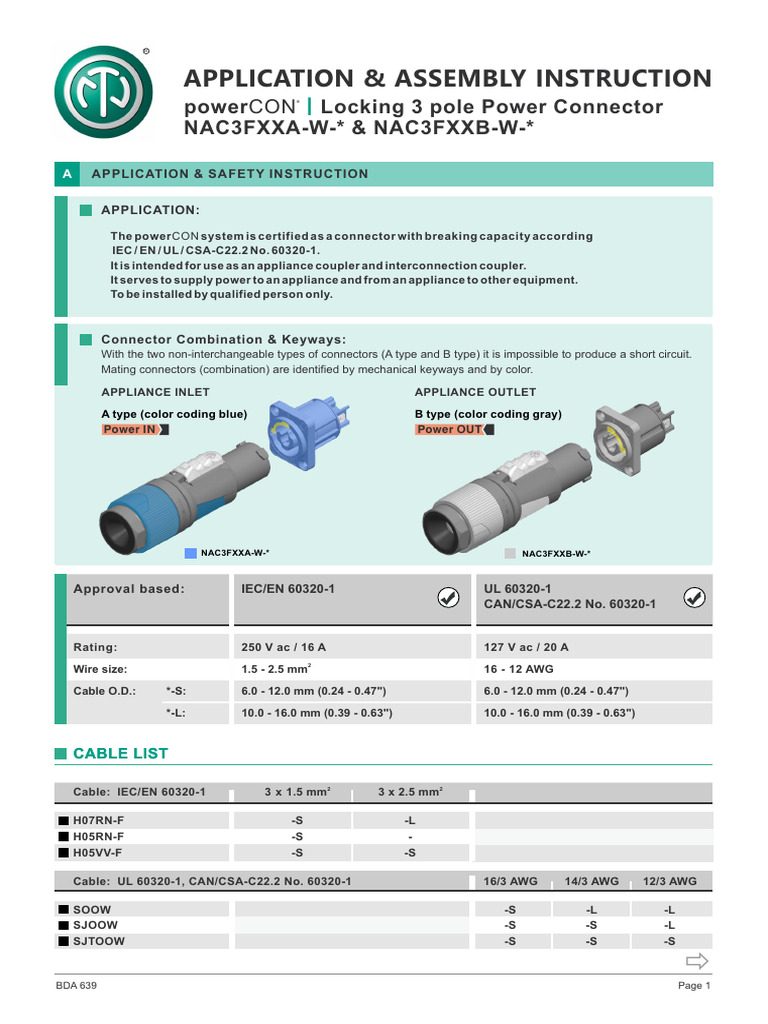 Bda 639 v1 - Powercon Cable Connector - Nac3fxxa-W-s & Nac3fxxb-W-s ...