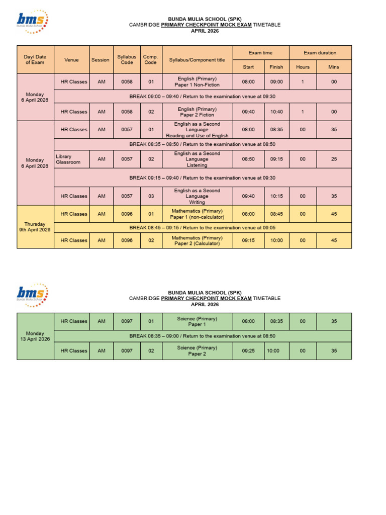 Primary Checkpoint Mocks- Timetable April 2026 | PDF