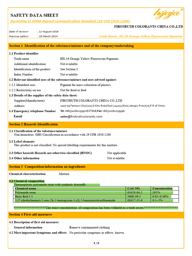 MSDS HX-16 with highlights | PDF