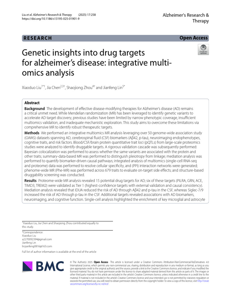 2025 Genetic Insights Into Drug Targets for Alzheimer’s Disease ...