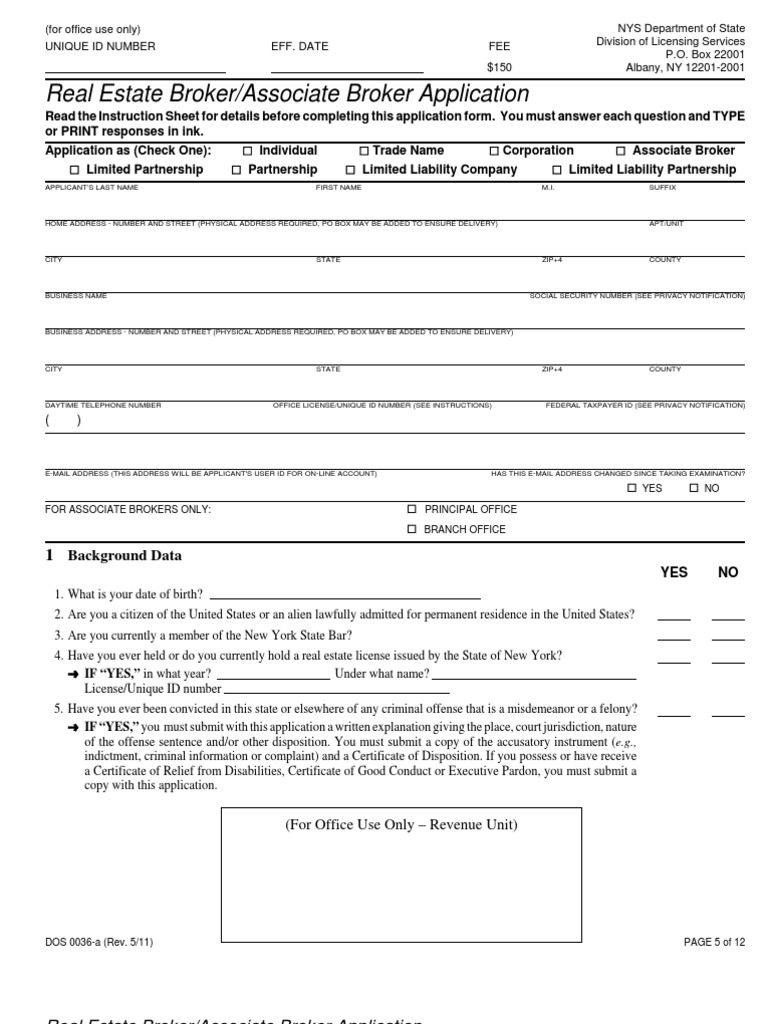 NY State Real Estate Broker Application ForM Download Free PDF