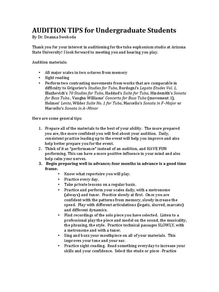 Audition Tips For Undergraduate Students PDF Tuba Musicology