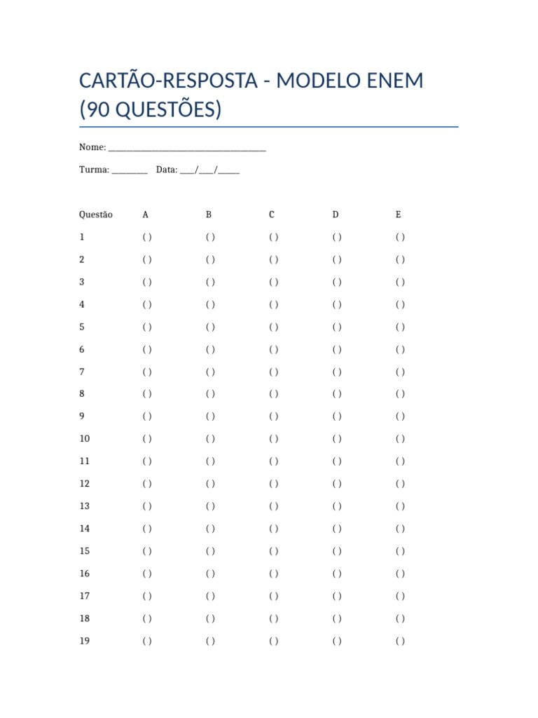 Cartao Resposta Enem 90 Questoes | PDF