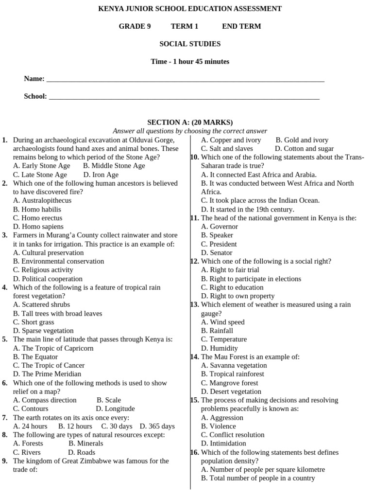 Grade 9 Social Studies EndTerm 1 2026-1 | PDF | Ancient Egypt | Stone Age