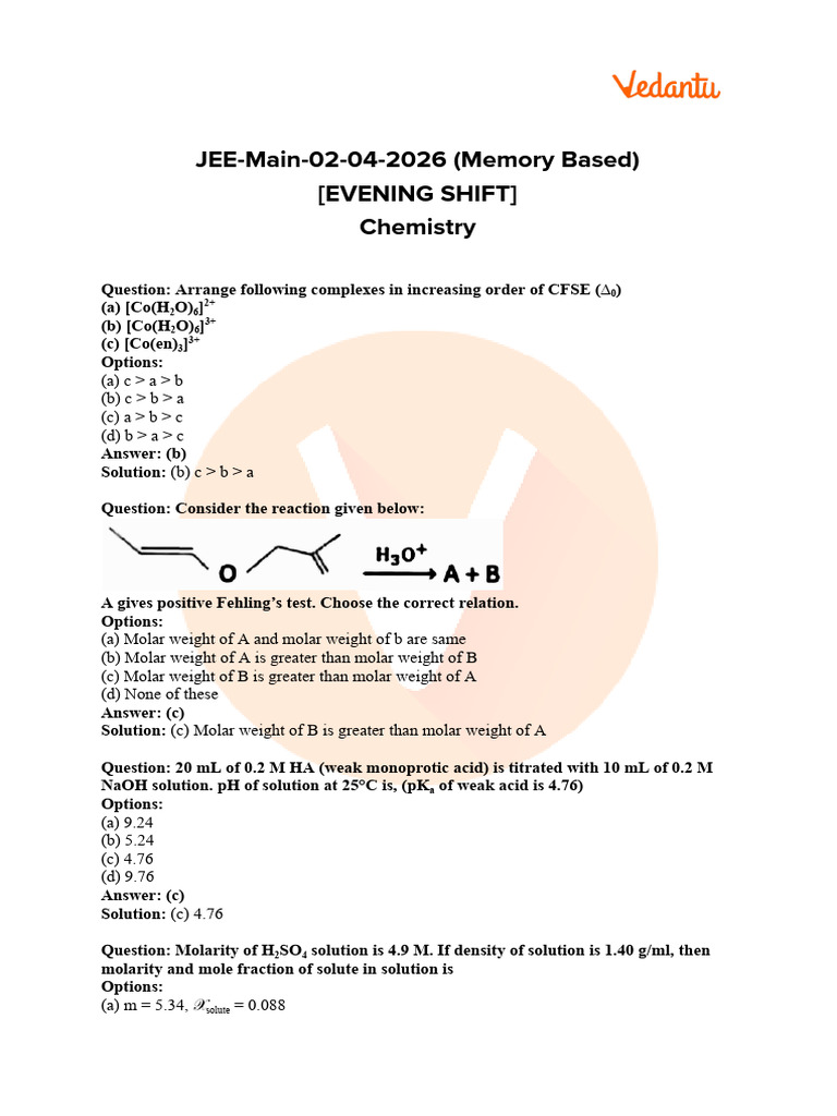 JEE Main 2026 April 2 Shift 2 Chemistry Question Paper With Solutions ...