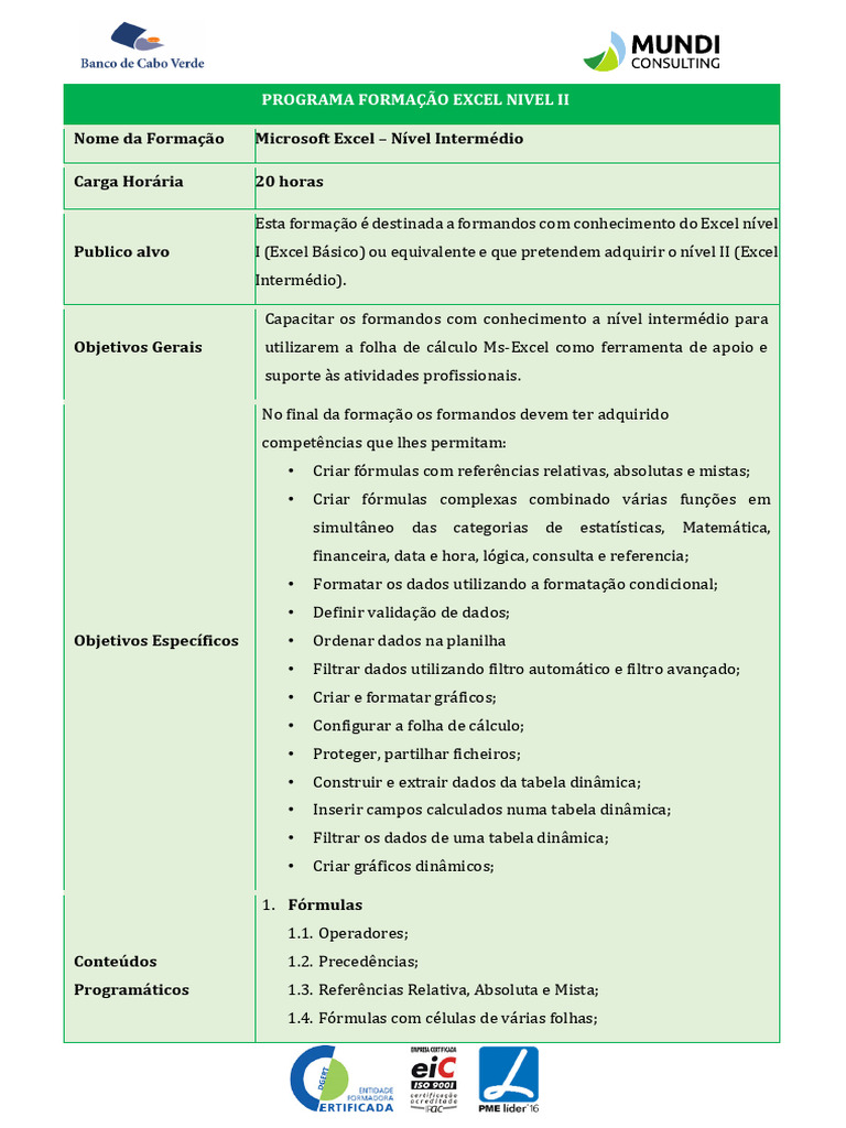 Programa Formação Excel Nivel II | PDF