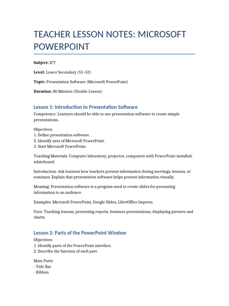 Microsoft Powerpoint Teacher Lesson Notes Lower Secondary | PDF
