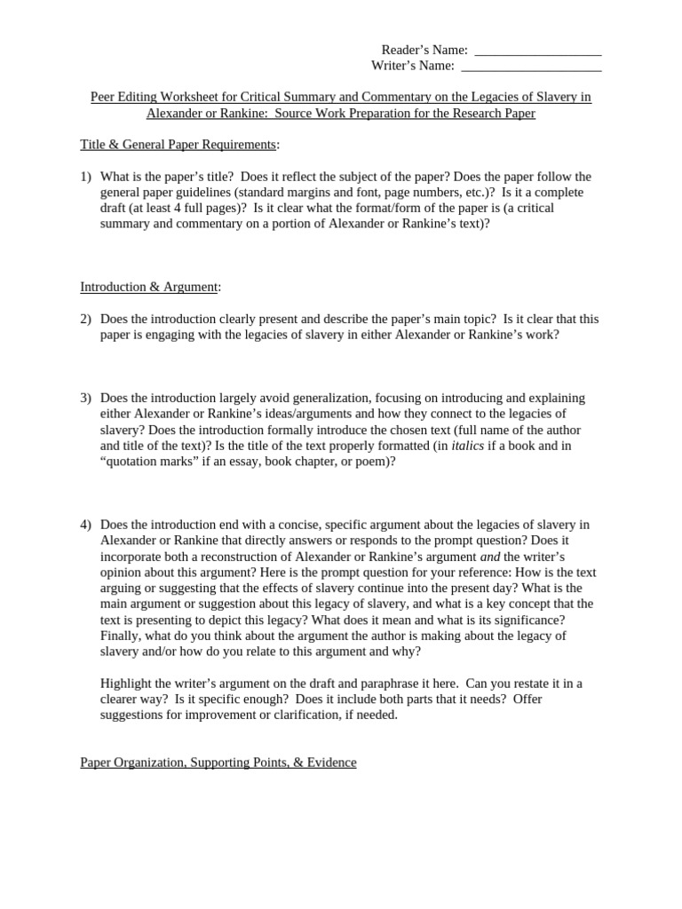 Peer Editing Worksheet For Critical Summary and Commentary On Alexander ...