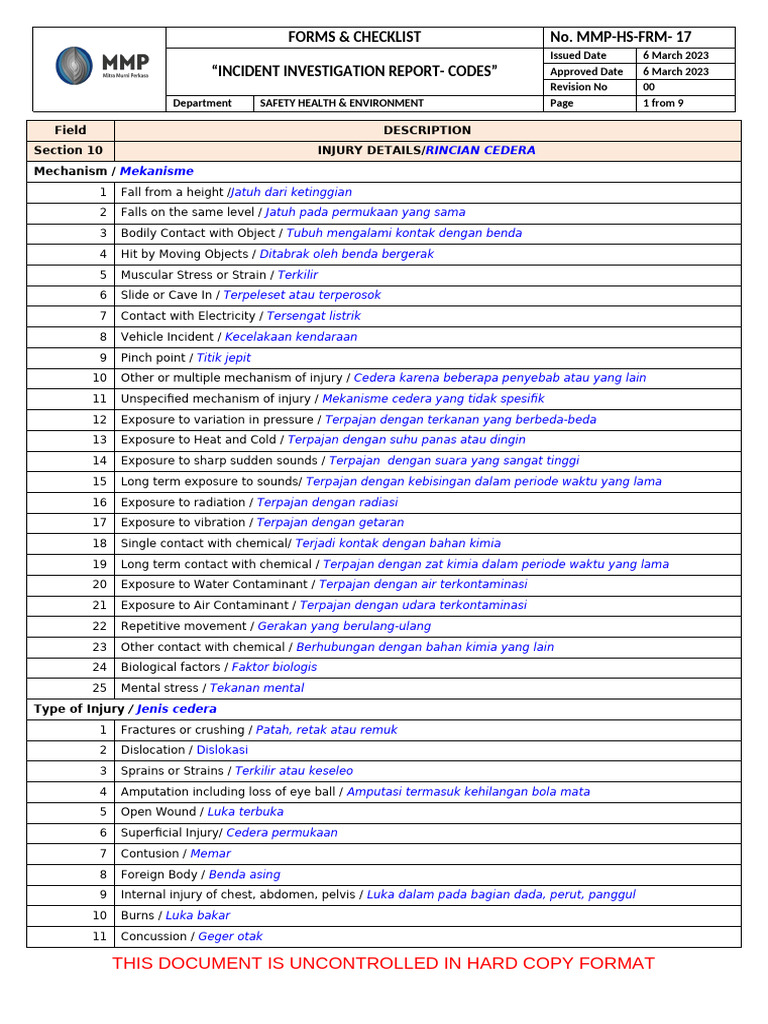MMP HS FRM 017 Incident Investigation Report Form Codes | PDF
