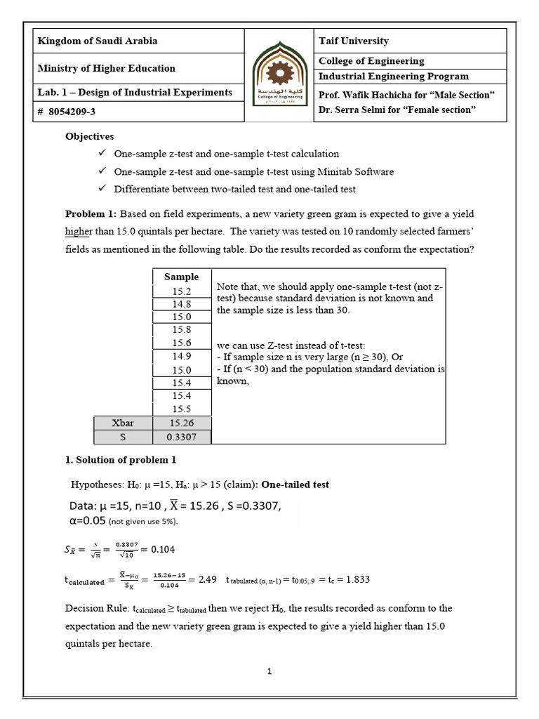 Lab Work 1 DOE One Sample Test | PDF | Student's T Test | P Value