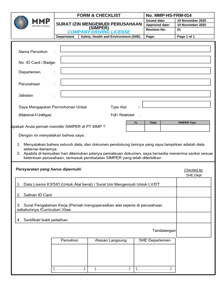 Mmp Hs Frm 014 Pengajuan Simper.r1 | PDF