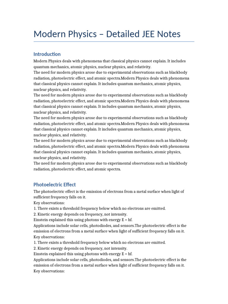 Modern Physics Detailed Notes-1 | PDF | Photoelectric Effect | Electron