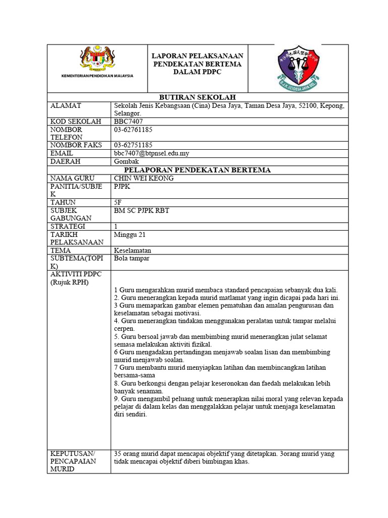 Chin Wei Keong Pjpk Tahun 5b Laporan Pelaksanaan Pendekatan Bertema ...