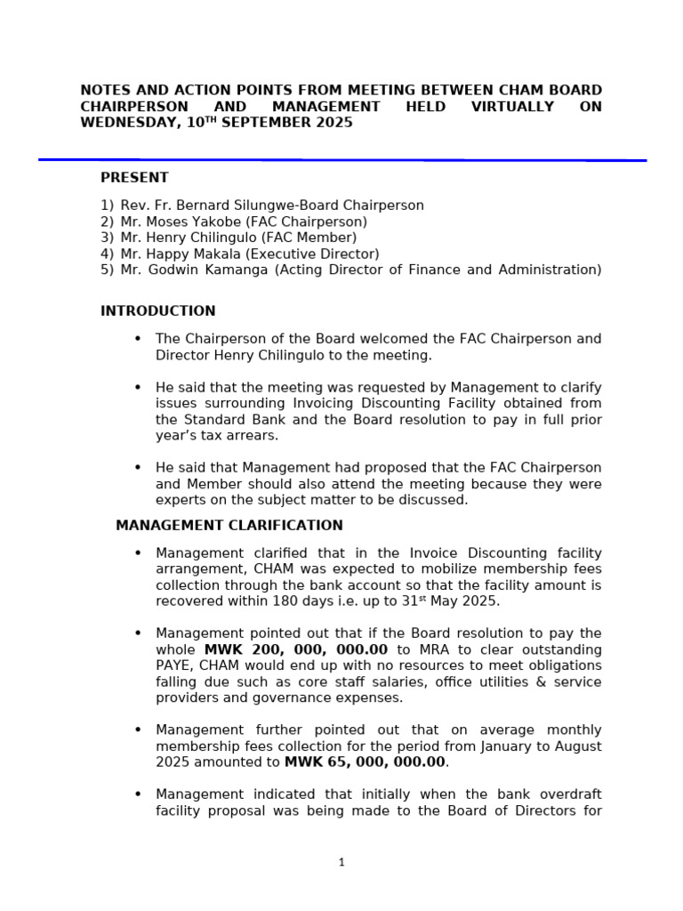 Notes and Action Points From Meeting Between Management and Board ...