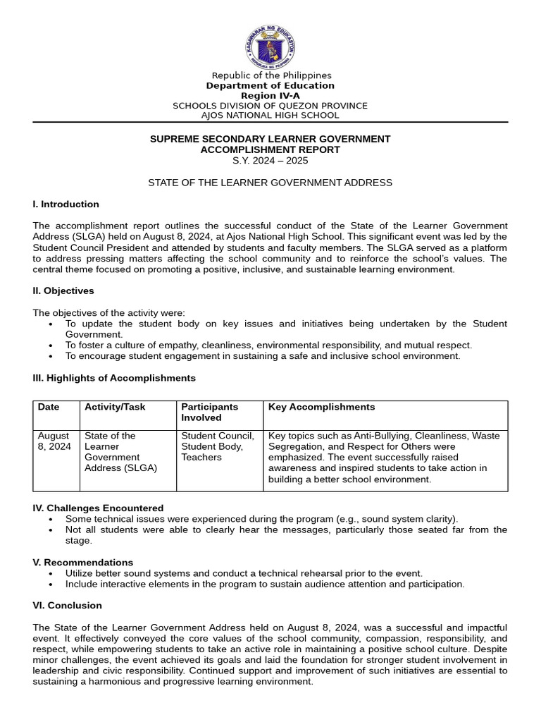 SSLG Accomplishment Report | PDF | Learning | Schools