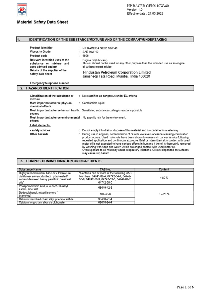 Hp Racer Gen 6 10w-40_1 | PDF