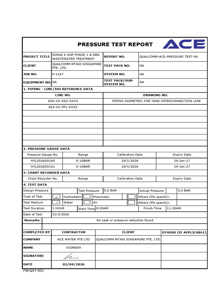 Hydrostatic Test Report (31.03.2026)(1) TANK INTERCONNECTION LINE | PDF