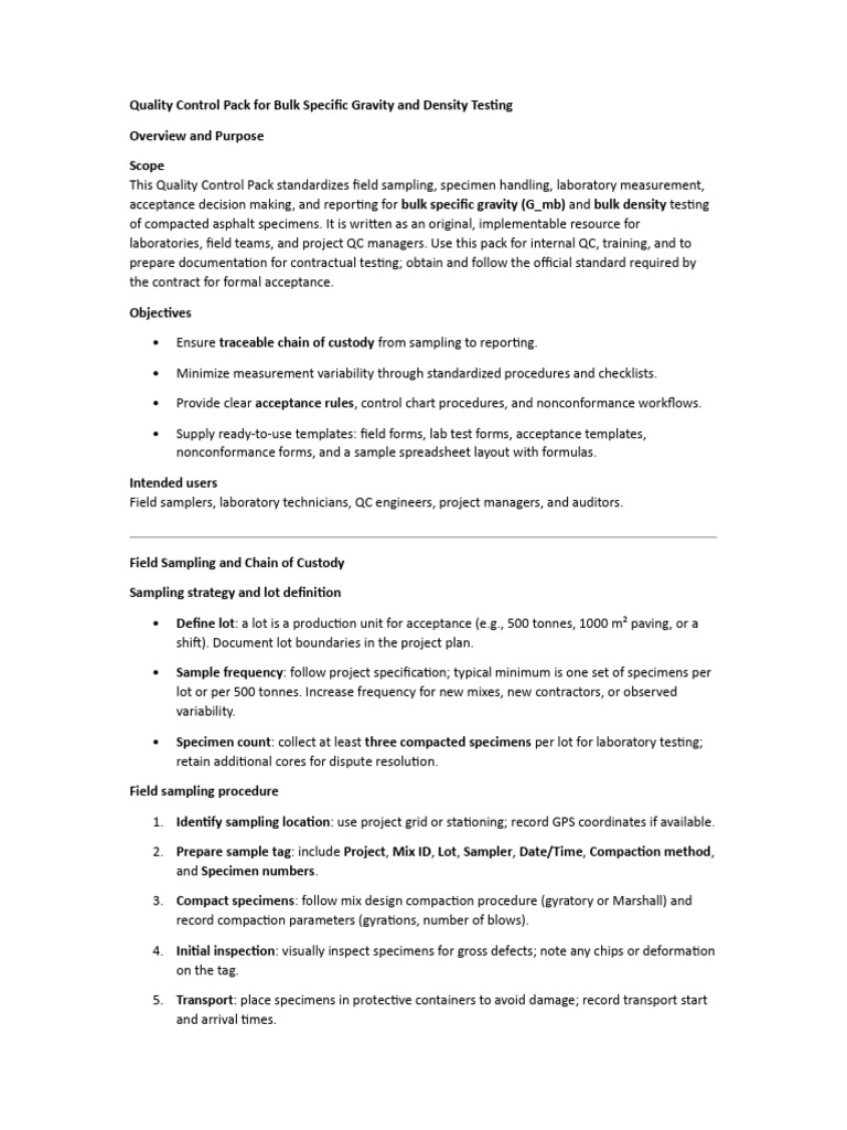 Quality Control Pack for Bulk Specific Gravity and Density Testing | PDF