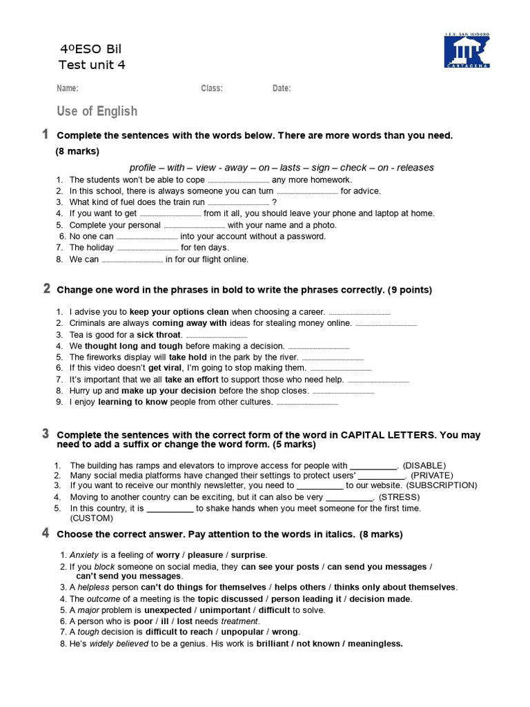U4 test 4ºA_UOE | PDF