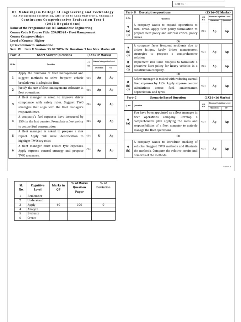 Fleet Management - CCET 1 QP- SET1 | PDF