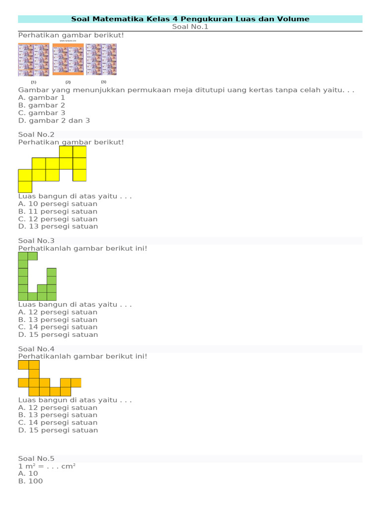 Soal Matematika Kelas 4 Pengukuran Luas Dan Volume | PDF