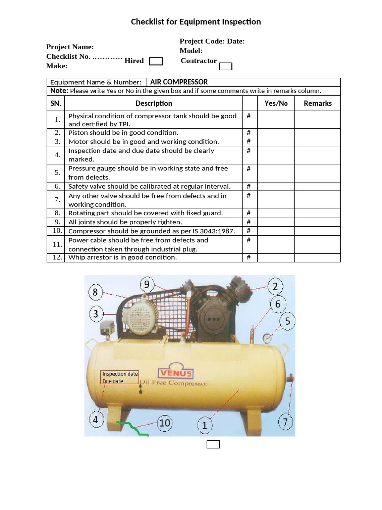 Checklist for Equipment Inspection Air Compressor | PDF