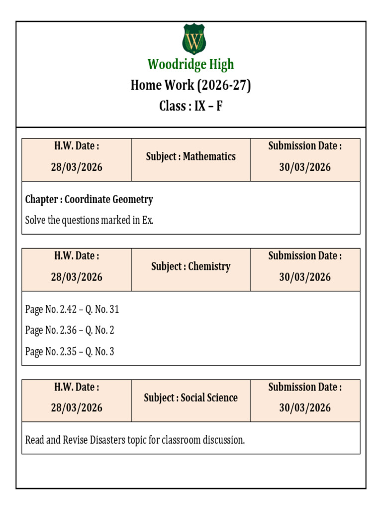 Home Work Class IX-F - 28-03-2026 | PDF