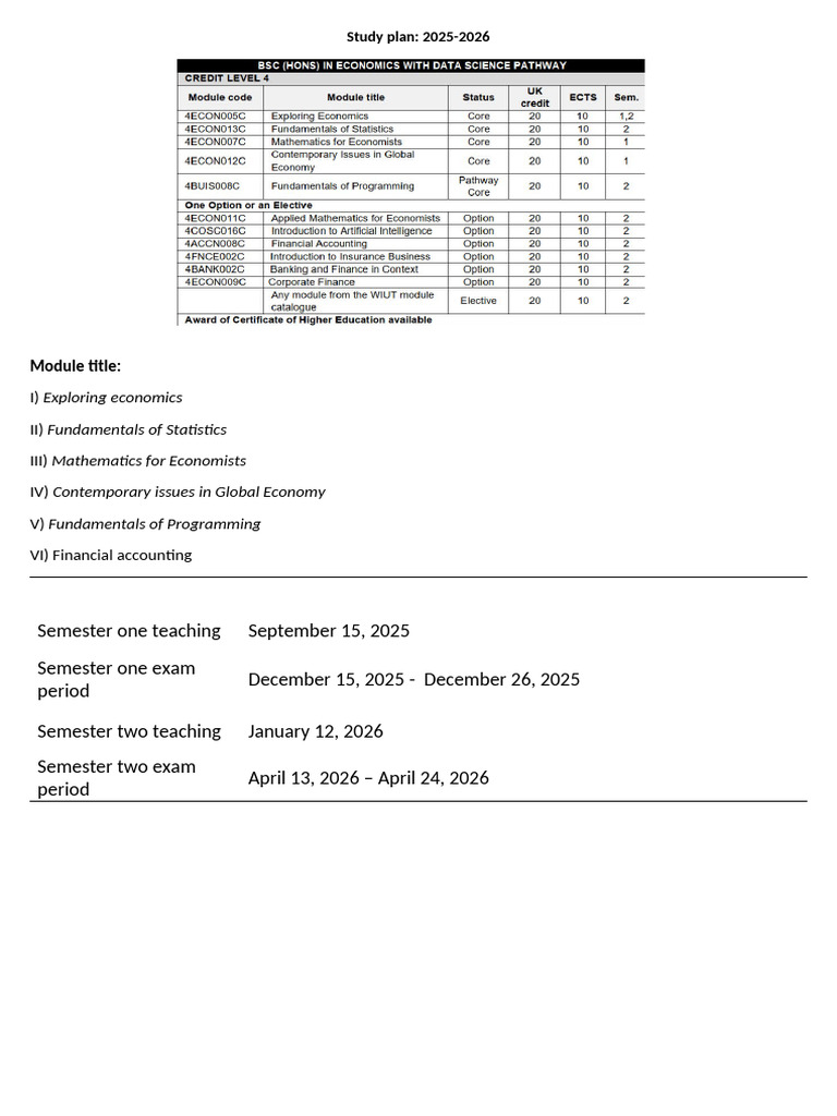 Study plan 2025-2026 | PDF