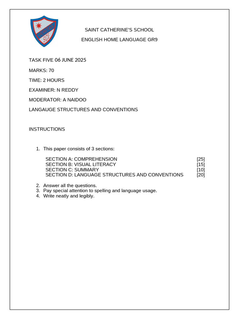 Grade 9 Control Test June 2025 | PDF
