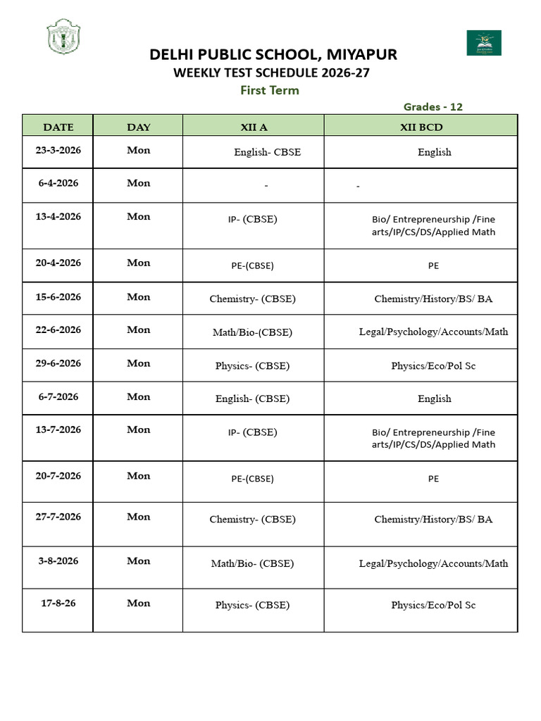 Grade 12 Weekly Test Schedule-2026-27.Docx (1) | PDF