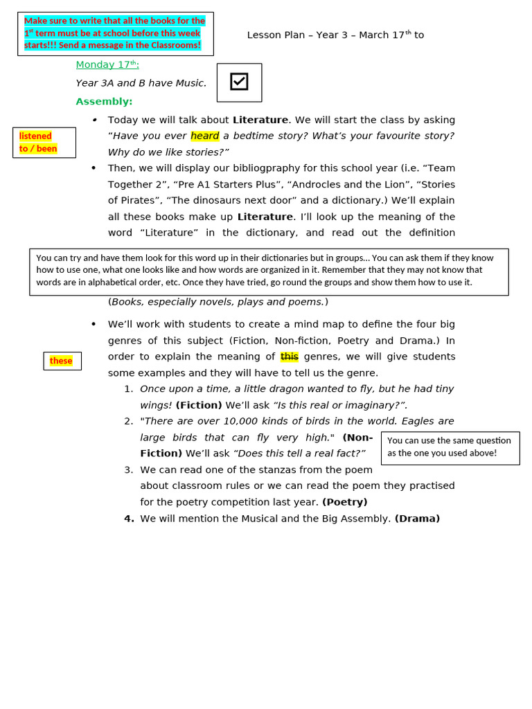Lesson Plan - Year 3 - Week 4 | PDF