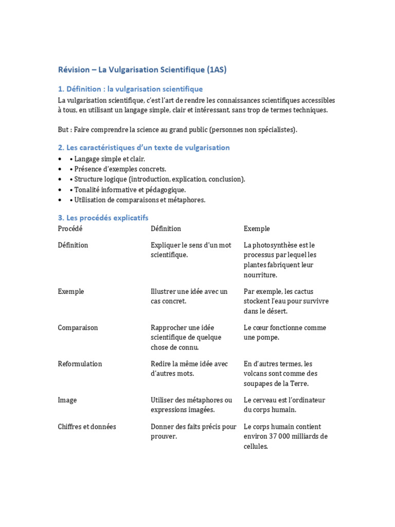 Revision Vulgarisation Scientifique 1AS | PDF | Métaphore | Science