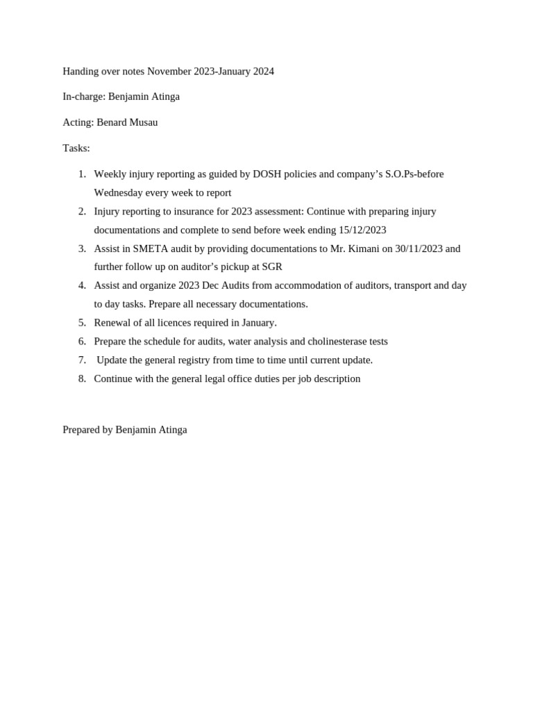 Handing Over Notes November 2023 to January 2024 (2) | PDF