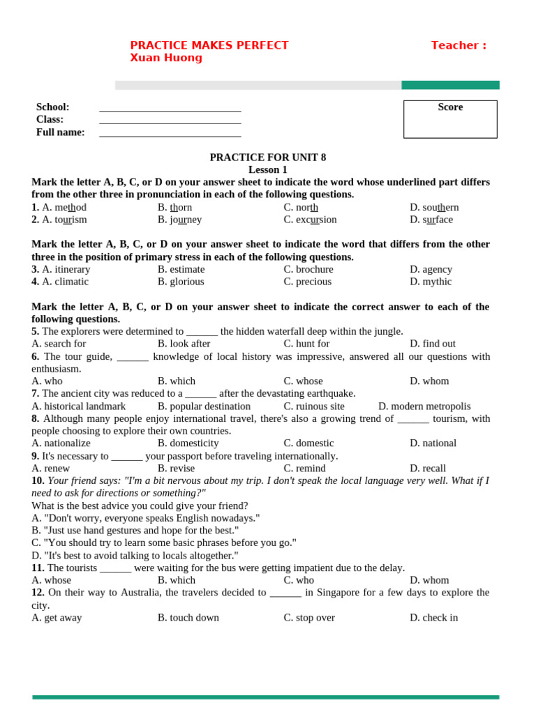 G9 Unit 8 Practice Test 1 | PDF