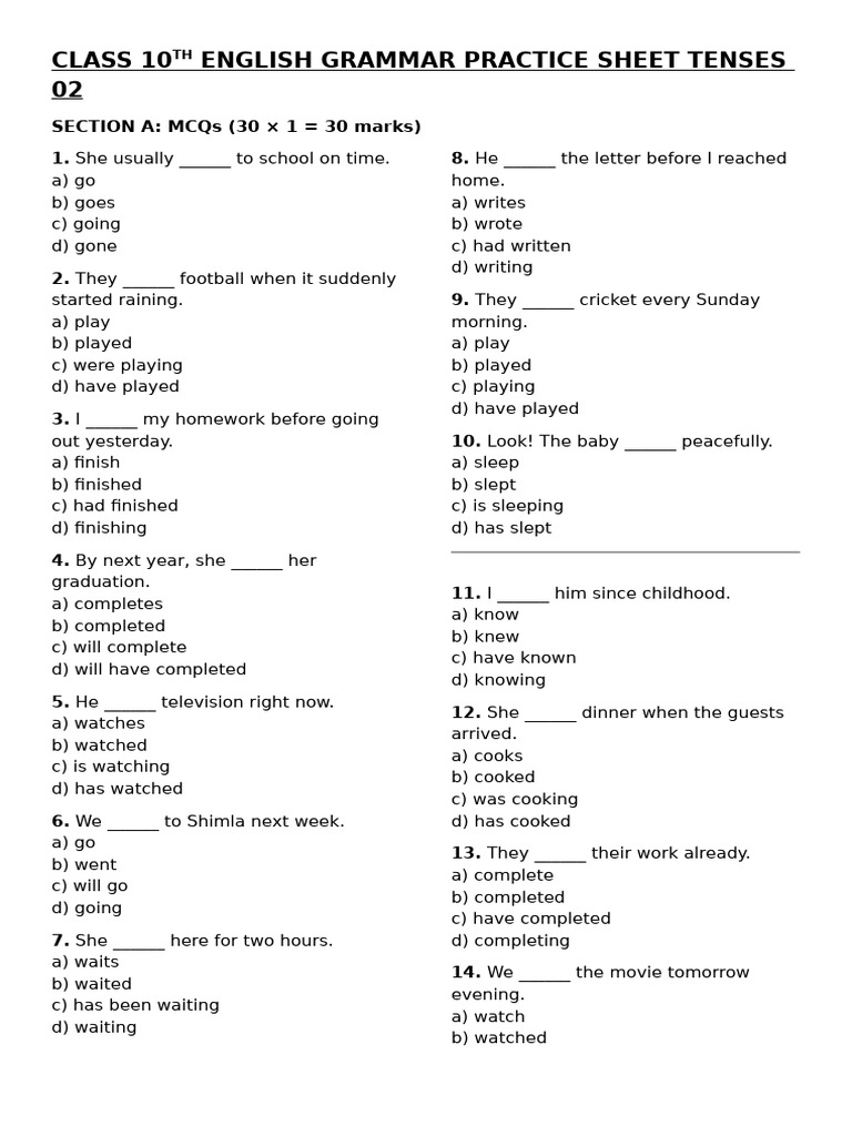 Class 10th English Grammar Practice Sheet Tenses 02 | PDF | Language ...