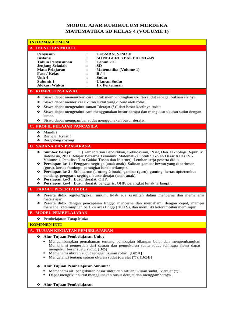 4. Modul Ajar MTK Unit 4 | PDF