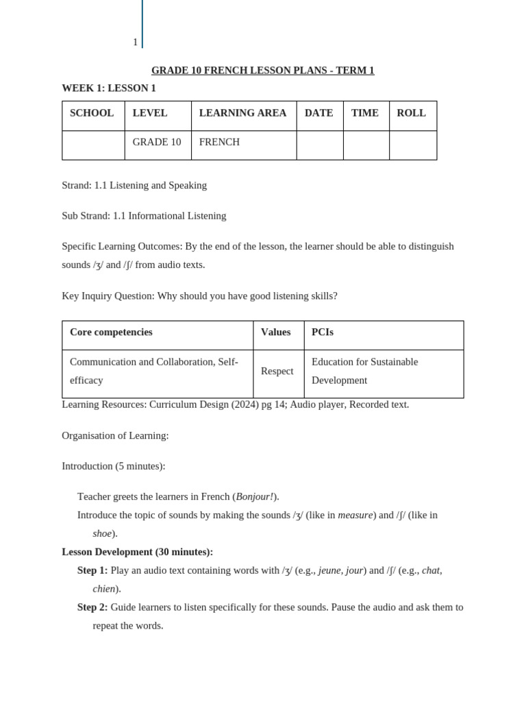 Grade 10 Term 1 French Lesson Plans | PDF | Curriculum | Reading ...