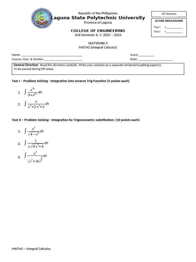 MATH2 Integral Calculus SW5 CE | PDF