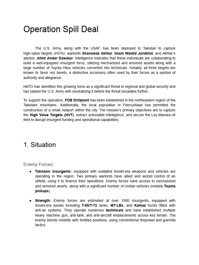 Operation Spill Deal OPORD (2) | PDF | United States Army | Military ...