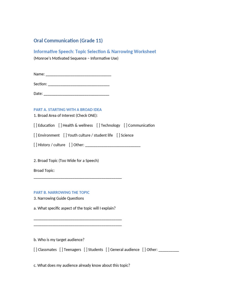 Informative Speech Topic Narrowing Worksheet | PDF | Microsoft Power ...