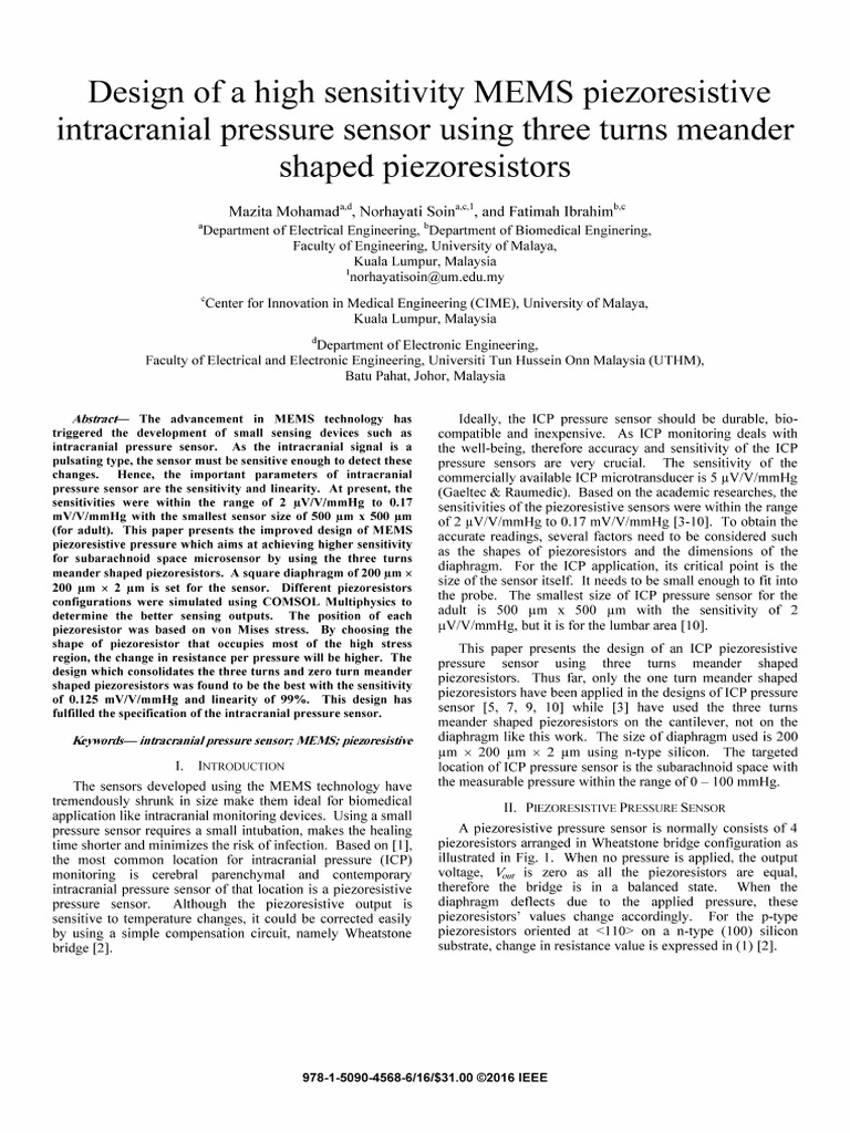 4.Design of a High Sensitivity MEMS Piezoresistive Intracranial ...