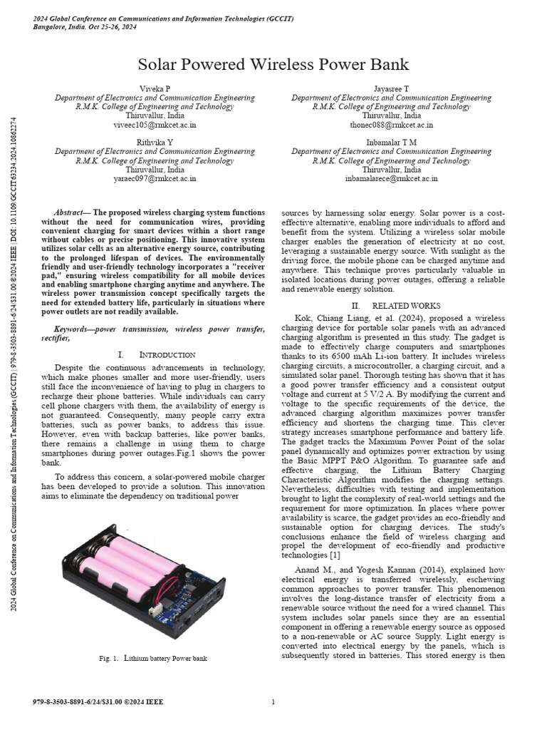 Solar Powered Wireless Power Bank | PDF | Battery Charger | Inductance