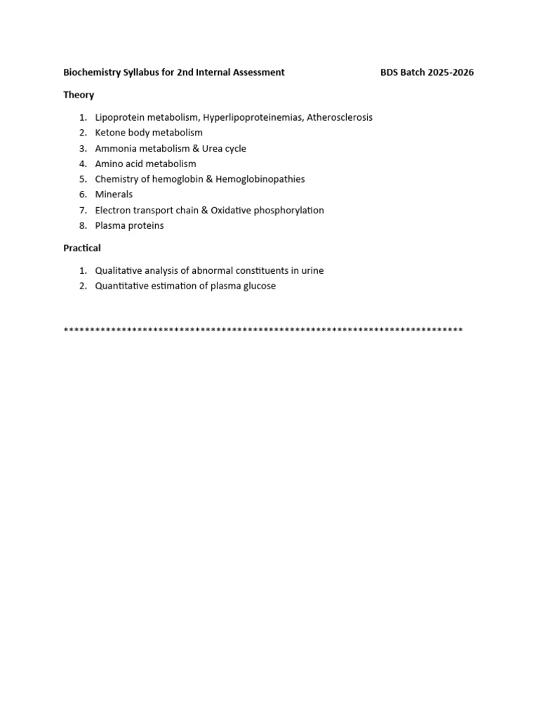 Biochemistry Syllabus for 2nd Internal Assessment BDS 2026 | PDF
