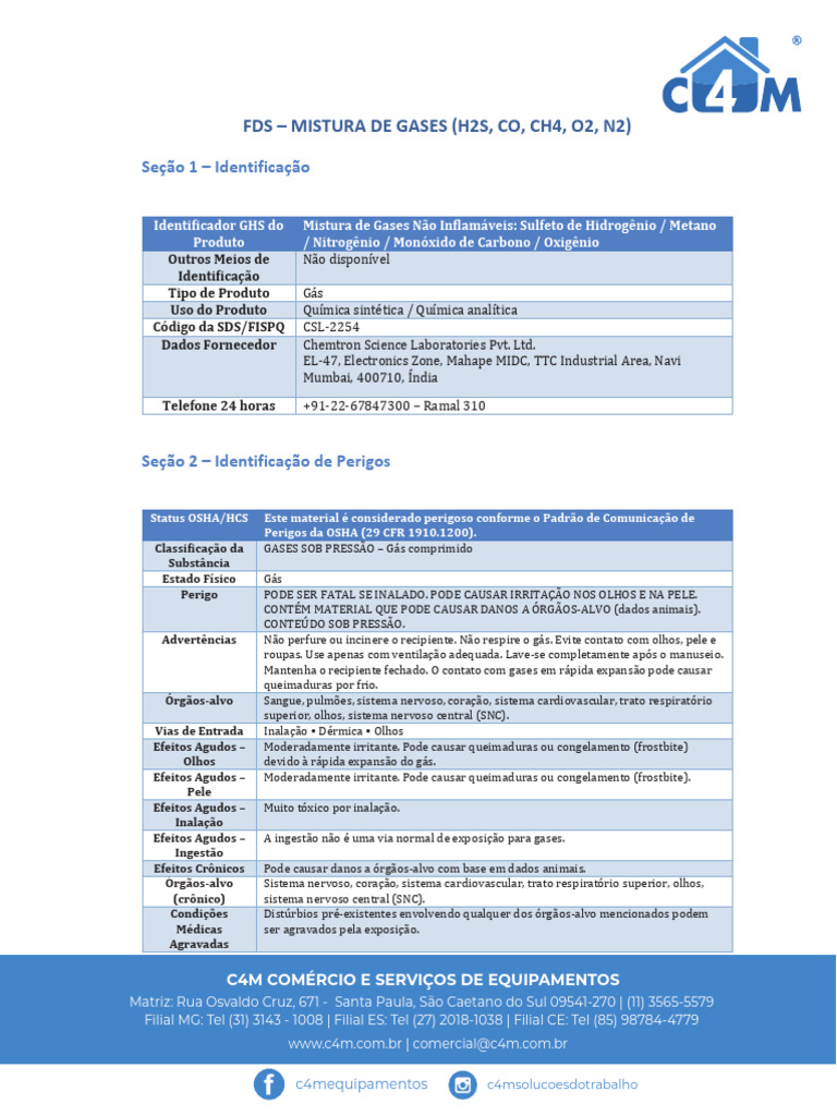 Fds - Caliport 4 Gases Cilindro 118 c4m h2s, Co, Ch4, O2, n2 | PDF ...