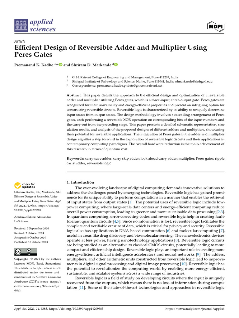 Efficient Design of Reversible Adder and Multiplier Using Peres Gates | PDF