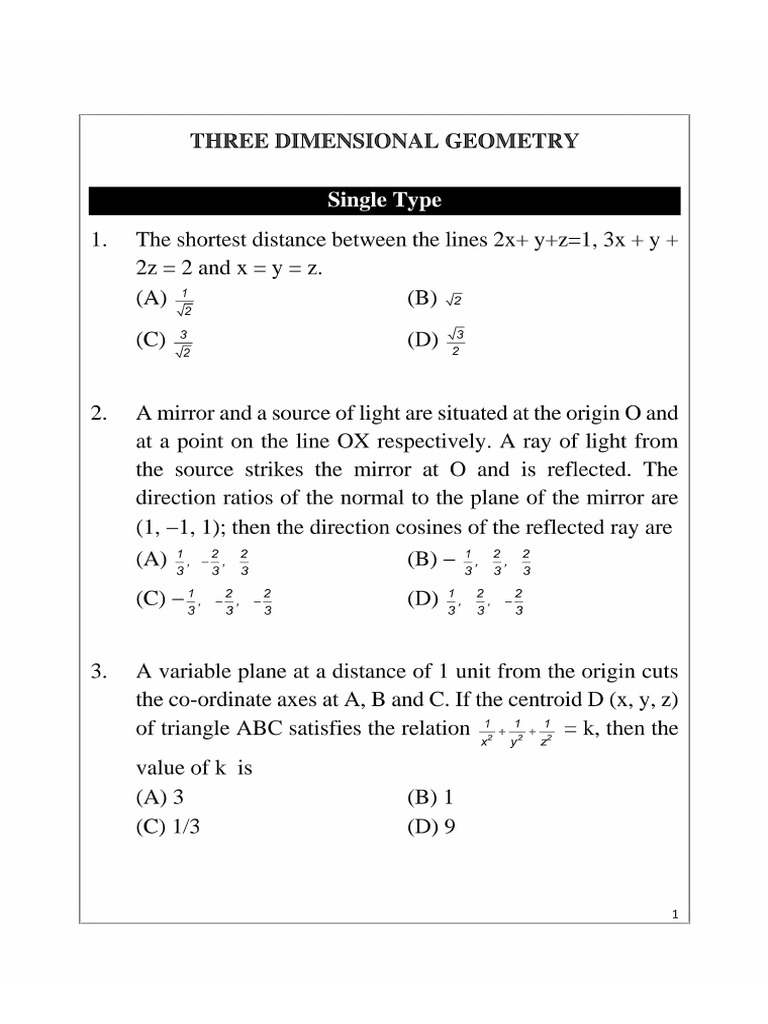 Three Dimensional Geometry JEE Main Important Questions PDF Download | PDF