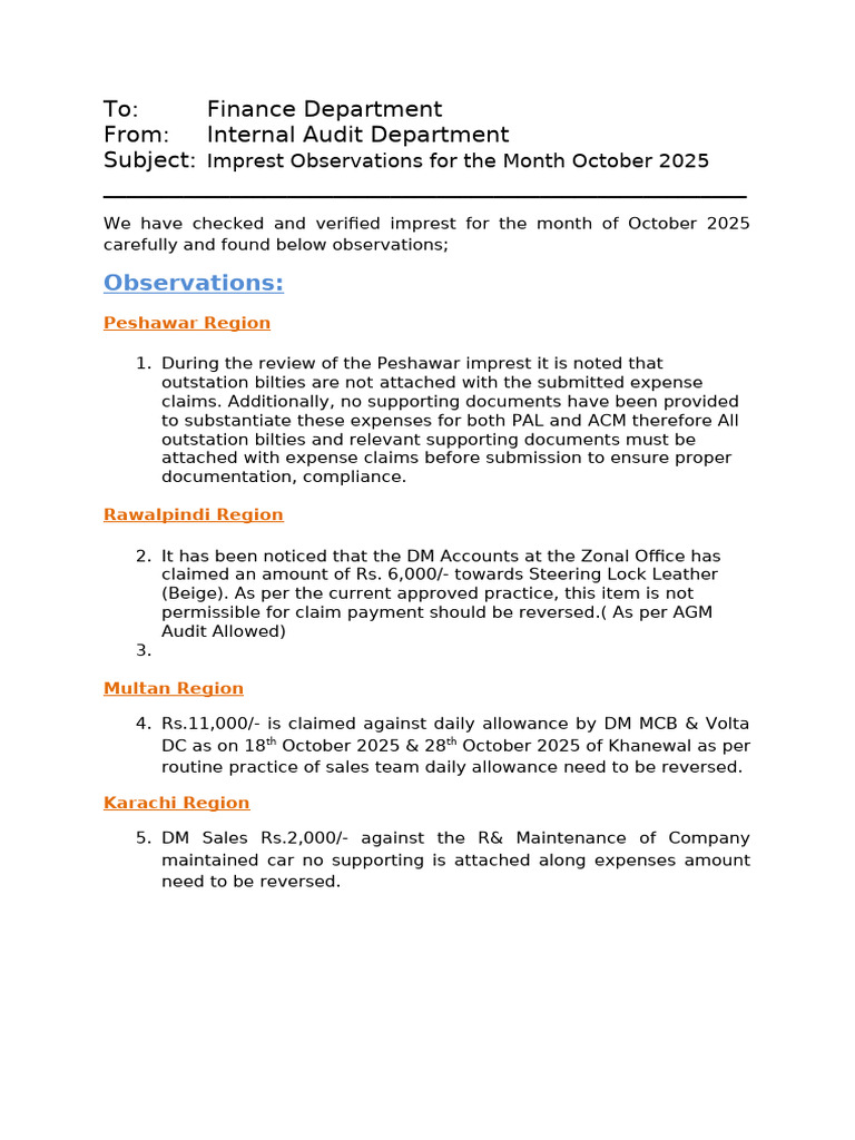 Imprest Observations Oct -25 | PDF