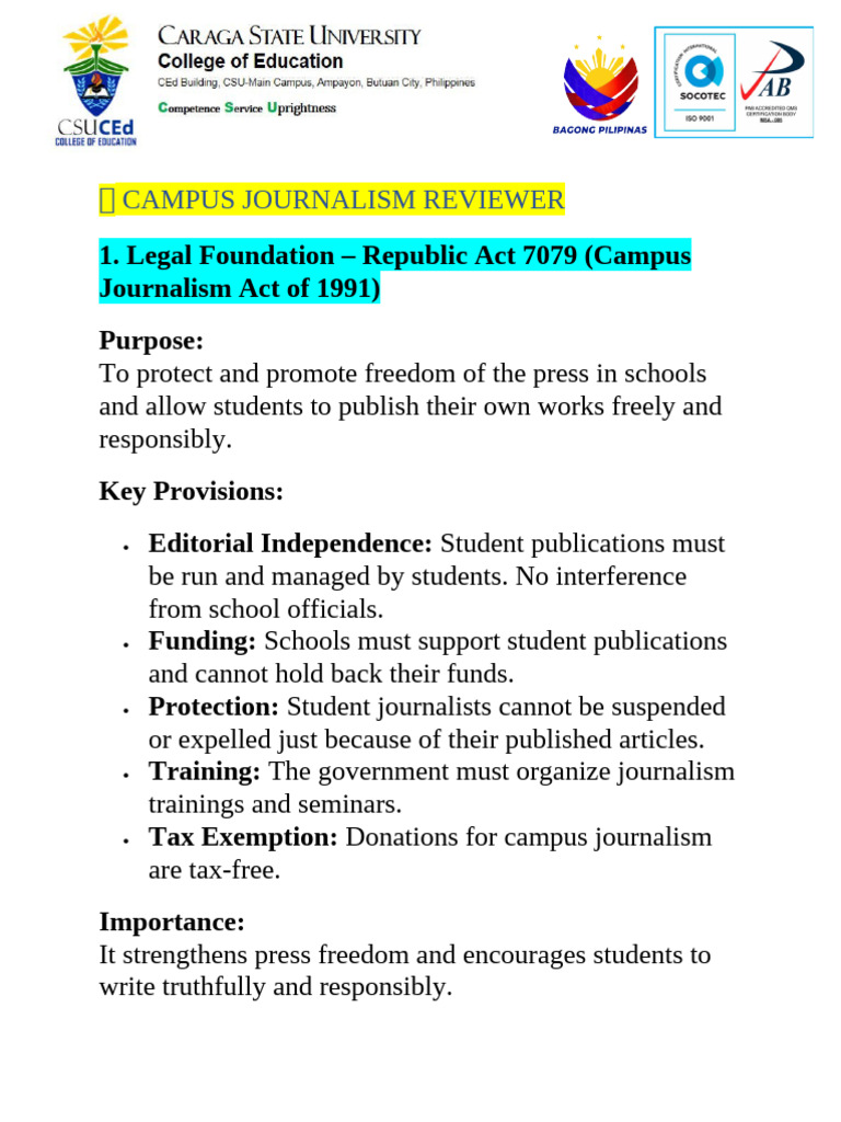? Campus Journalism Reviewer | PDF | Journalism | News